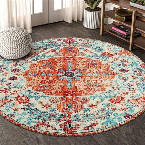 Lahome Bohemian Floral Medallion Round Rug - 4Ft Area Rug Oriental Distressed